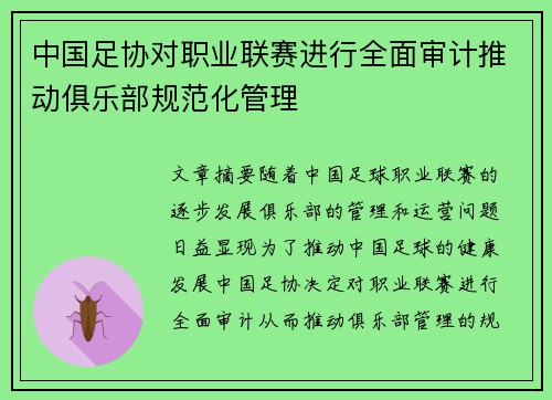 中国足协对职业联赛进行全面审计推动俱乐部规范化管理