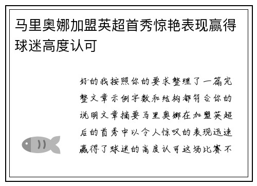 马里奥娜加盟英超首秀惊艳表现赢得球迷高度认可